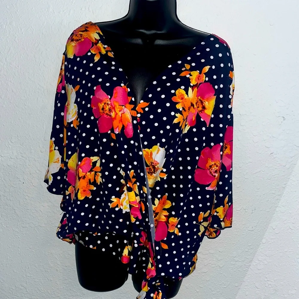 Polka Dot Wrap Top with flutter sleeves - Picture 2 of 10